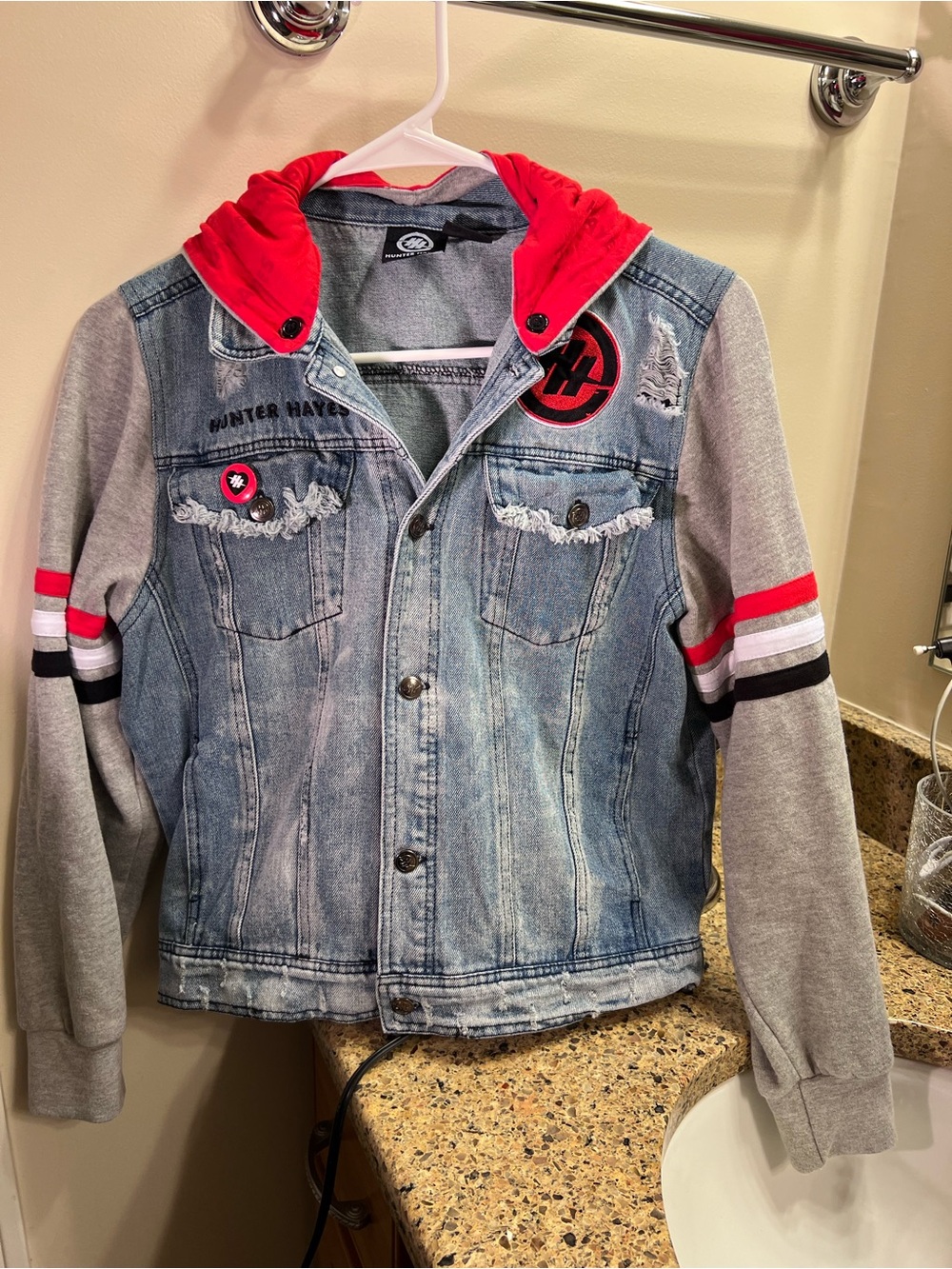 Hunter Hayes Women’s Small Denim Jacket with Red Hood Chest 36” Length 21”